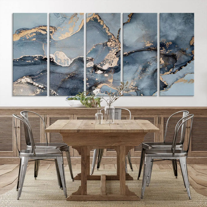 The wall is graced by the "Multipanel Marble Fluid Effect Wall Art Abstract Canvas Wall Art Print." These museum-quality canvases come with a UV-protective coating to ensure their longevity and include the convenience of free shipping.