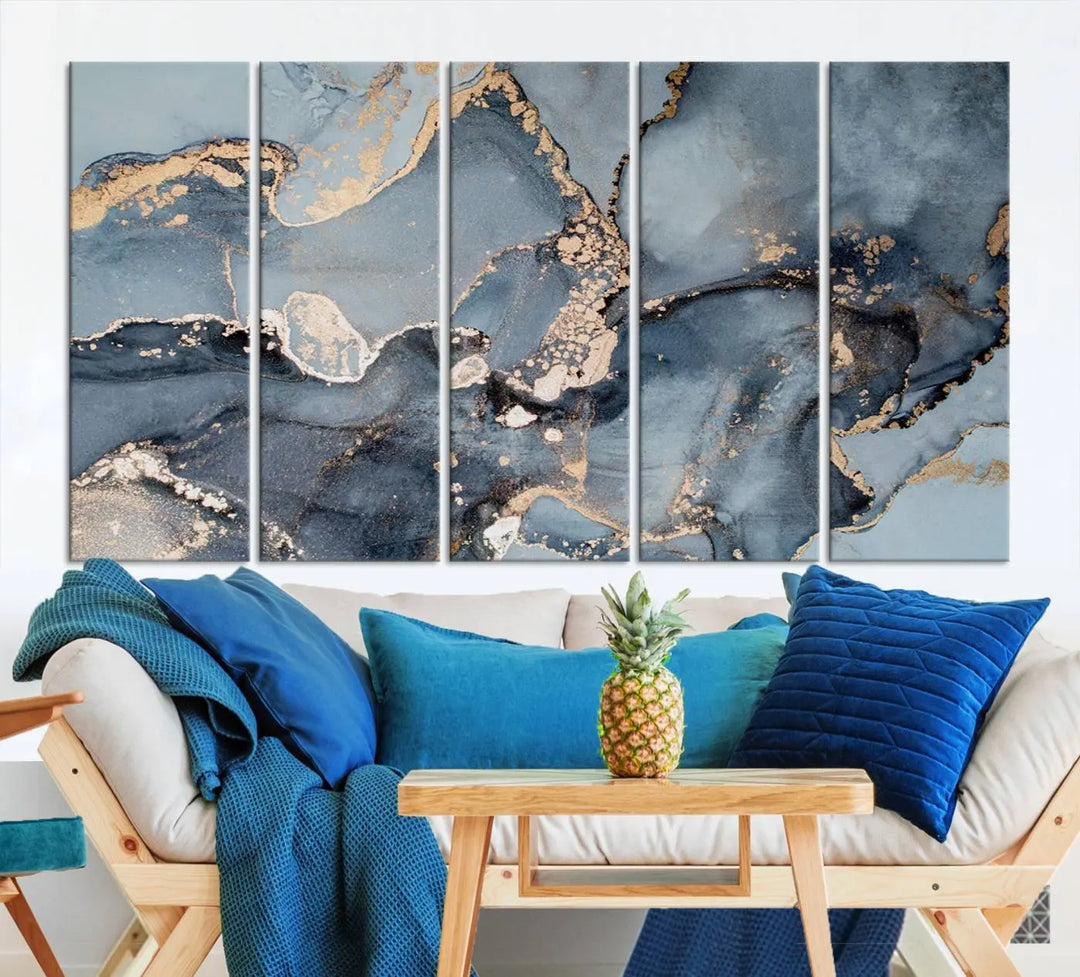 The wall is graced by the "Multipanel Marble Fluid Effect Wall Art Abstract Canvas Wall Art Print." These museum-quality canvases come with a UV-protective coating to ensure their longevity and include the convenience of free shipping.