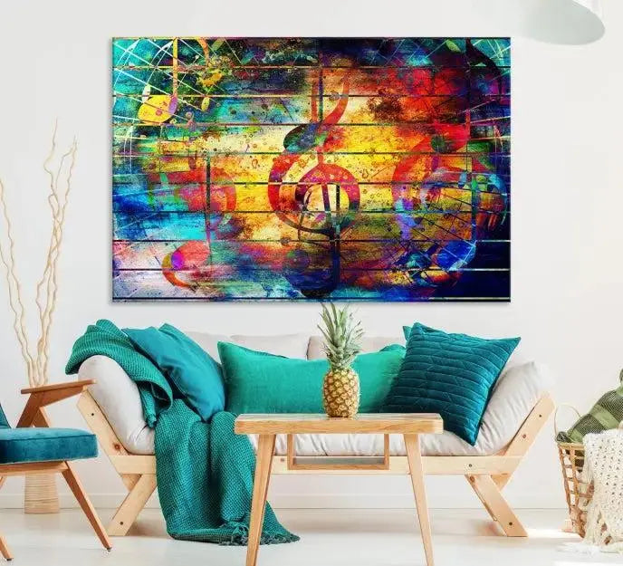 The Music Left Switch Abstract Wall Art Canvas Print features three panels of vibrant colors and music notes. Crafted on museum-quality canvases with a UV-protective coating, it offers lasting elegance.