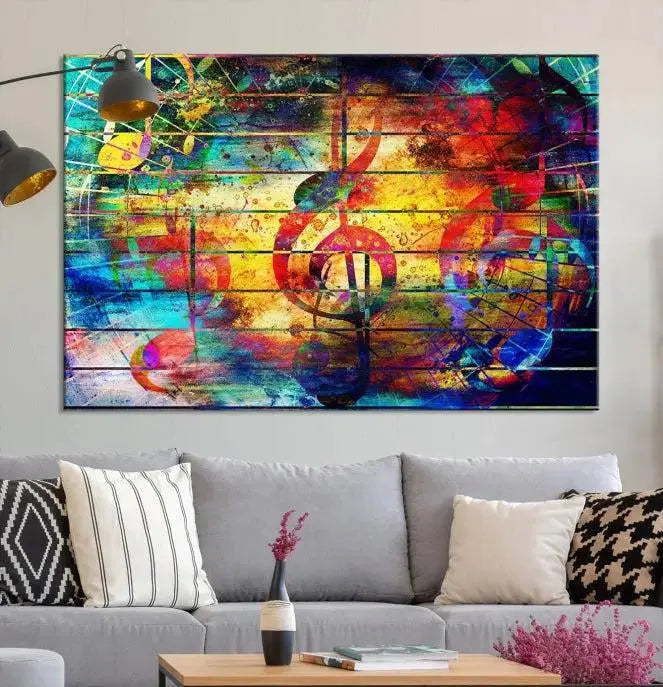 The Music Left Switch Abstract Wall Art Canvas Print features three panels of vibrant colors and music notes. Crafted on museum-quality canvases with a UV-protective coating, it offers lasting elegance.