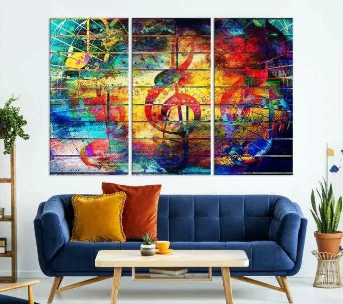 The Music Left Switch Abstract Wall Art Canvas Print features three panels of vibrant colors and music notes. Crafted on museum-quality canvases with a UV-protective coating, it offers lasting elegance.