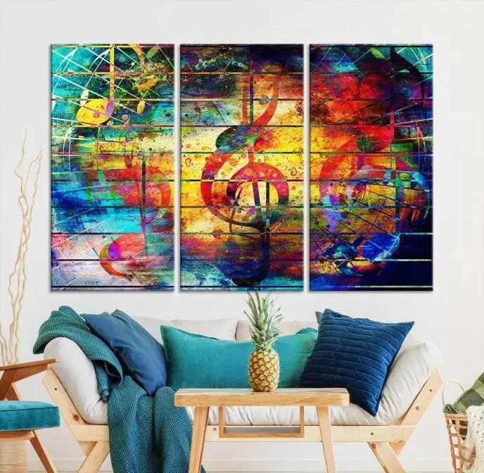 The Music Left Switch Abstract Wall Art Canvas Print features three panels of vibrant colors and music notes. Crafted on museum-quality canvases with a UV-protective coating, it offers lasting elegance.