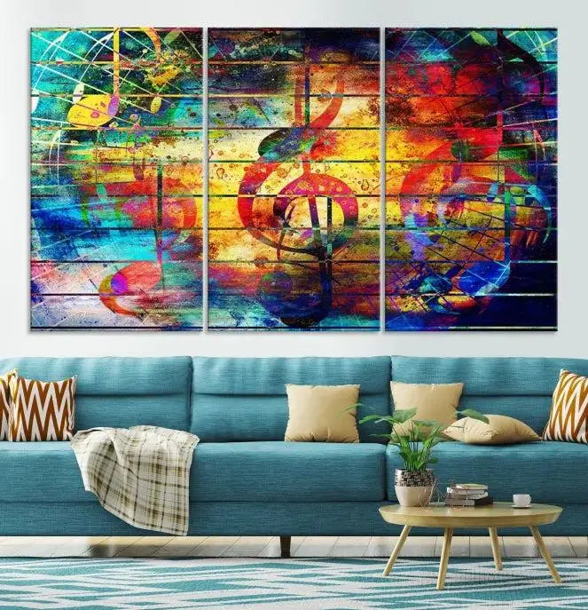 The Music Left Switch Abstract Wall Art Canvas Print features three panels of vibrant colors and music notes. Crafted on museum-quality canvases with a UV-protective coating, it offers lasting elegance.