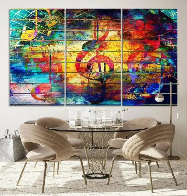 The Music Left Switch Abstract Wall Art Canvas Print features three panels of vibrant colors and music notes. Crafted on museum-quality canvases with a UV-protective coating, it offers lasting elegance.