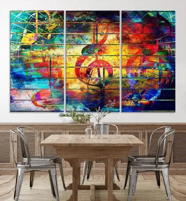 The Music Left Switch Abstract Wall Art Canvas Print features three panels of vibrant colors and music notes. Crafted on museum-quality canvases with a UV-protective coating, it offers lasting elegance.