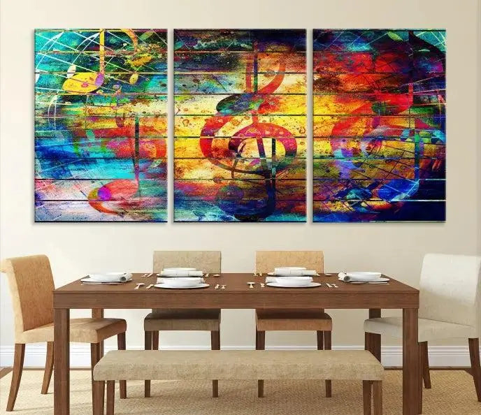 The Music Left Switch Abstract Wall Art Canvas Print features three panels of vibrant colors and music notes. Crafted on museum-quality canvases with a UV-protective coating, it offers lasting elegance.