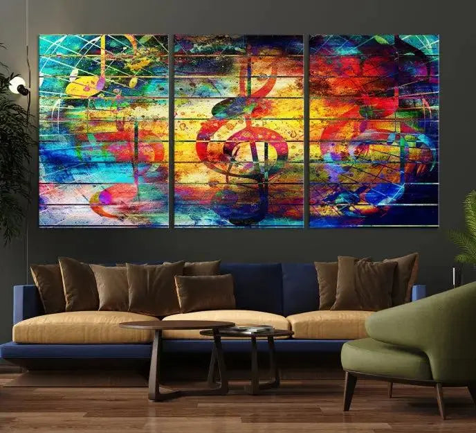 The Music Left Switch Abstract Wall Art Canvas Print features three panels of vibrant colors and music notes. Crafted on museum-quality canvases with a UV-protective coating, it offers lasting elegance.