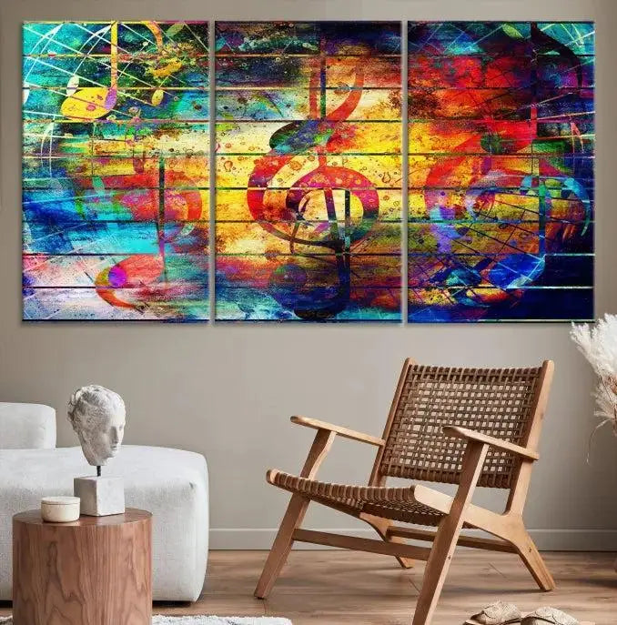 The Music Left Switch Abstract Wall Art Canvas Print features three panels of vibrant colors and music notes. Crafted on museum-quality canvases with a UV-protective coating, it offers lasting elegance.