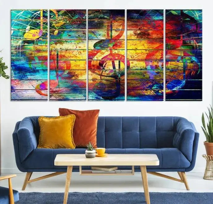 The Music Left Switch Abstract Wall Art Canvas Print features three panels of vibrant colors and music notes. Crafted on museum-quality canvases with a UV-protective coating, it offers lasting elegance.