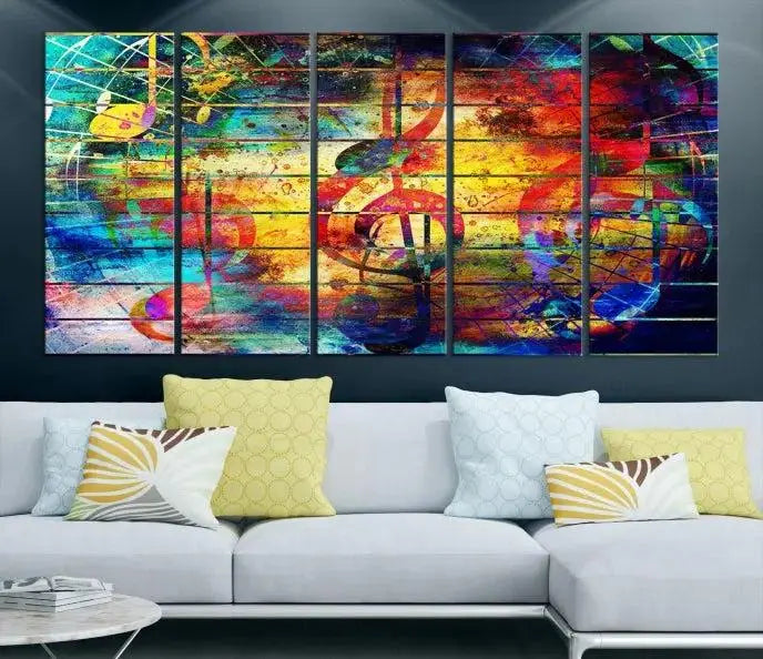 The Music Left Switch Abstract Wall Art Canvas Print features three panels of vibrant colors and music notes. Crafted on museum-quality canvases with a UV-protective coating, it offers lasting elegance.