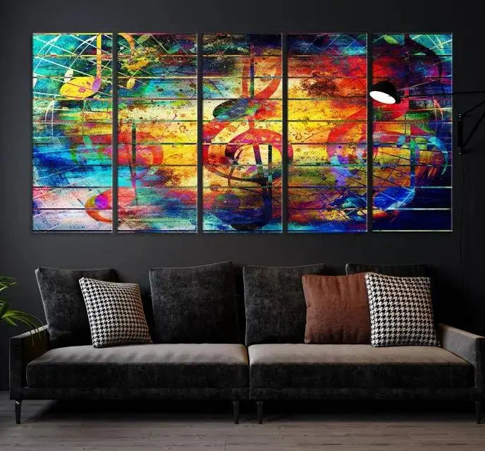 The Music Left Switch Abstract Wall Art Canvas Print features three panels of vibrant colors and music notes. Crafted on museum-quality canvases with a UV-protective coating, it offers lasting elegance.