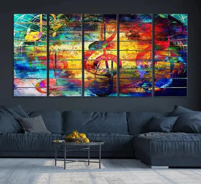 The Music Left Switch Abstract Wall Art Canvas Print features three panels of vibrant colors and music notes. Crafted on museum-quality canvases with a UV-protective coating, it offers lasting elegance.