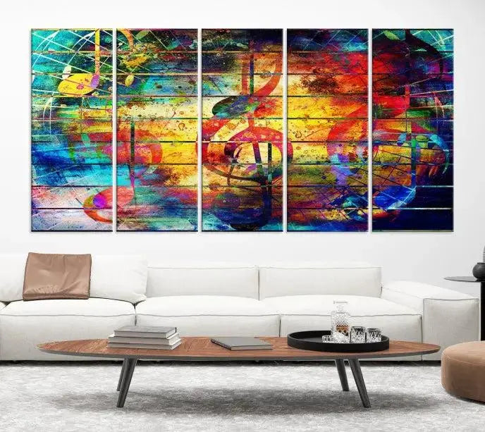 The Music Left Switch Abstract Wall Art Canvas Print features three panels of vibrant colors and music notes. Crafted on museum-quality canvases with a UV-protective coating, it offers lasting elegance.