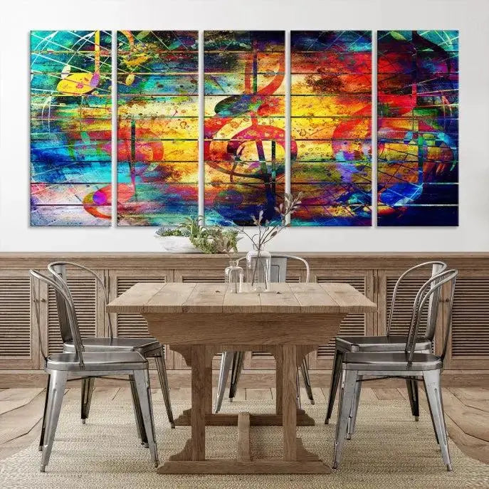 The Music Left Switch Abstract Wall Art Canvas Print features three panels of vibrant colors and music notes. Crafted on museum-quality canvases with a UV-protective coating, it offers lasting elegance.