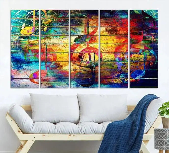 The Music Left Switch Abstract Wall Art Canvas Print features three panels of vibrant colors and music notes. Crafted on museum-quality canvases with a UV-protective coating, it offers lasting elegance.