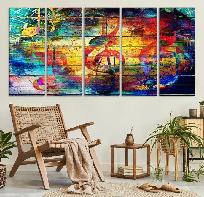 The Music Left Switch Abstract Wall Art Canvas Print features three panels of vibrant colors and music notes. Crafted on museum-quality canvases with a UV-protective coating, it offers lasting elegance.