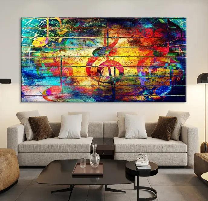 The Music Left Switch Abstract Wall Art Canvas Print features three panels of vibrant colors and music notes. Crafted on museum-quality canvases with a UV-protective coating, it offers lasting elegance.