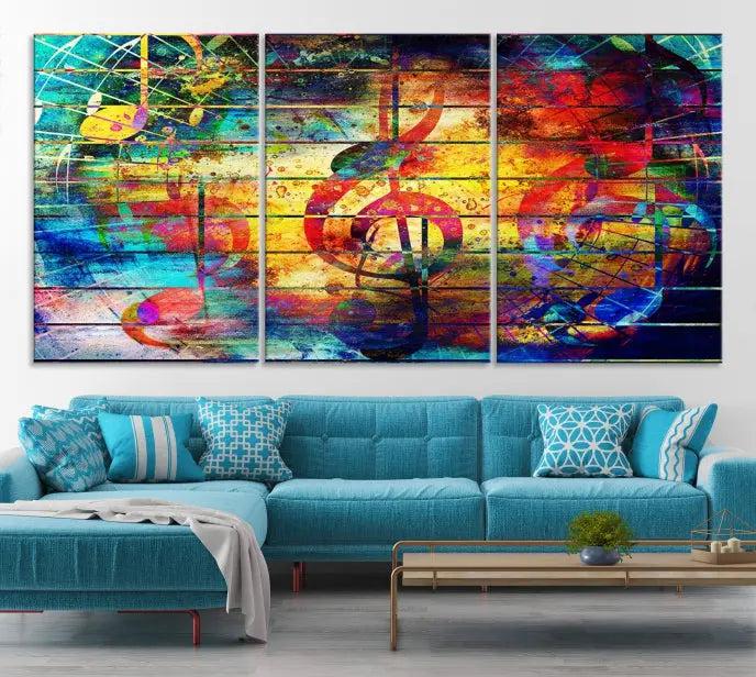 The Music Left Switch Abstract Wall Art Canvas Print features three panels of vibrant colors and music notes. Crafted on museum-quality canvases with a UV-protective coating, it offers lasting elegance.