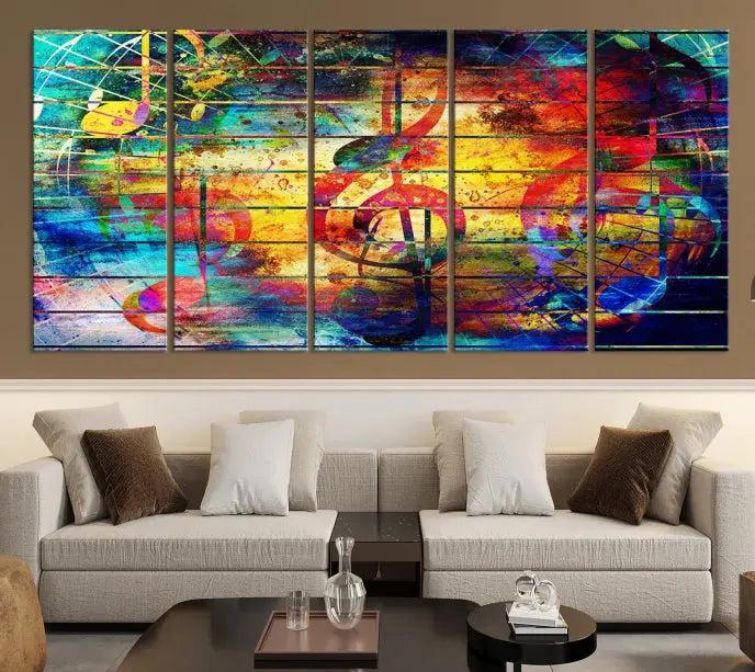 The Music Left Switch Abstract Wall Art Canvas Print features three panels of vibrant colors and music notes. Crafted on museum-quality canvases with a UV-protective coating, it offers lasting elegance.