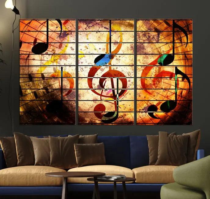 The Music Note Abstract Wall Art Canvas Print, crafted on museum-quality canvases, adds a touch of elegance to the room.