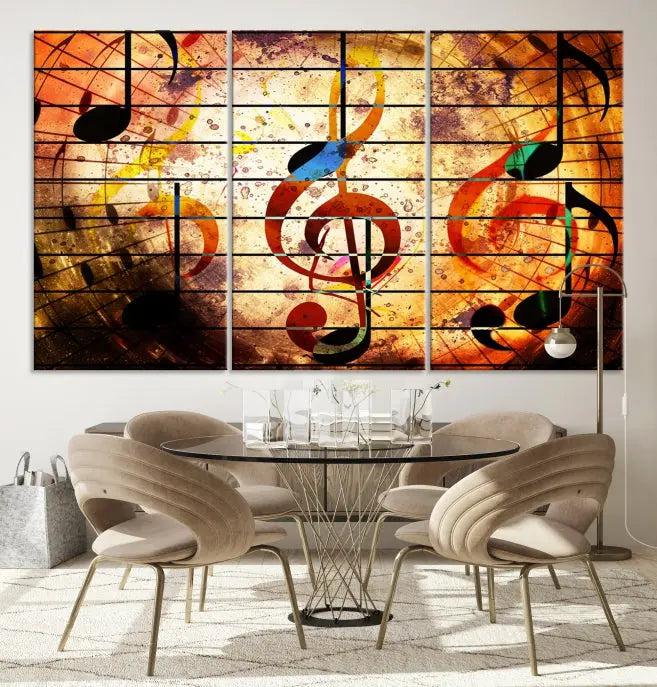 The Music Note Abstract Wall Art Canvas Print, crafted on museum-quality canvases, adds a touch of elegance to the room.