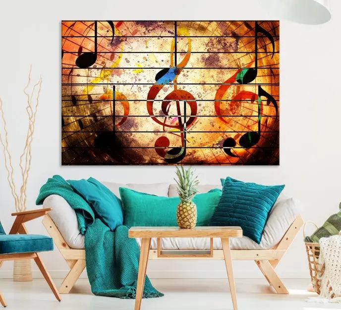 The Music Note Abstract Wall Art Canvas Print, crafted on museum-quality canvases, adds a touch of elegance to the room.