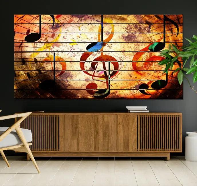 The Music Note Abstract Wall Art Canvas Print, crafted on museum-quality canvases, adds a touch of elegance to the room.