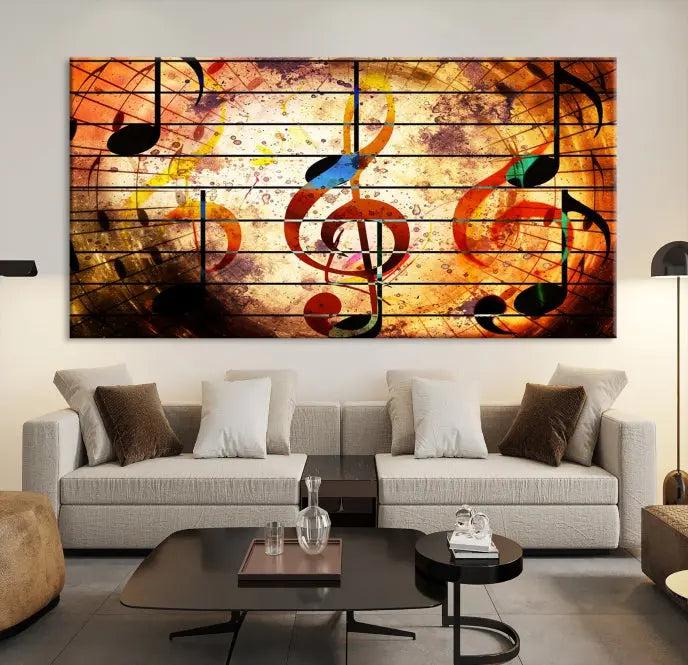 The Music Note Abstract Wall Art Canvas Print, crafted on museum-quality canvases, adds a touch of elegance to the room.