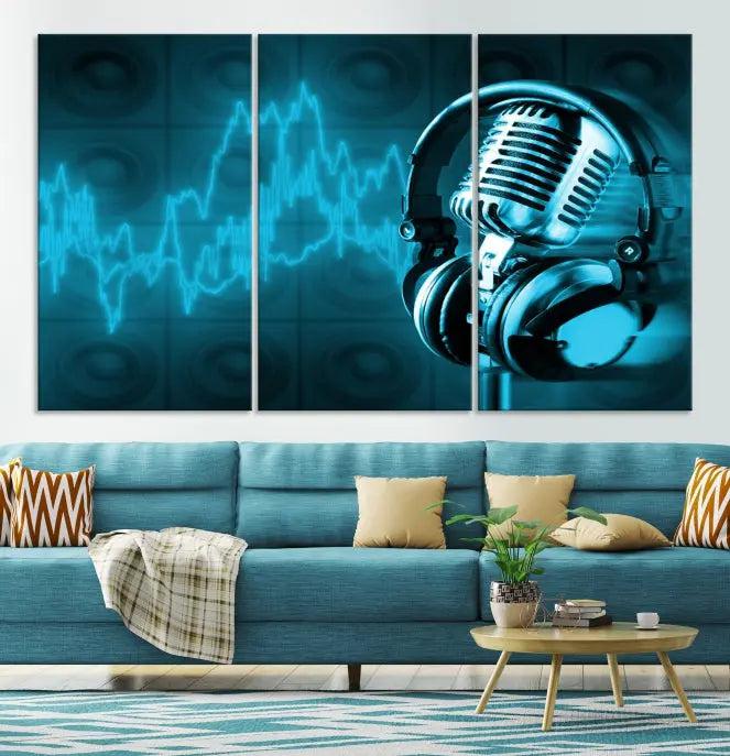 The "Music and Microphone Wall Art Canvas Print" is a triptych artwork on museum-quality canvas, showcasing a microphone and headphones amid blue sound waves. It features gallery wrapping along with a UV-protective coating to ensure lasting vibrancy.