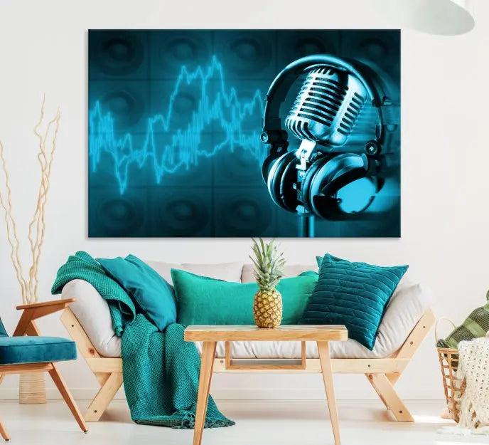 The "Music and Microphone Wall Art Canvas Print" is a triptych artwork on museum-quality canvas, showcasing a microphone and headphones amid blue sound waves. It features gallery wrapping along with a UV-protective coating to ensure lasting vibrancy.