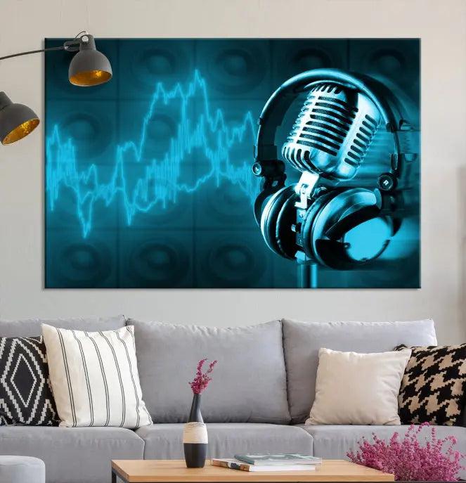 The "Music and Microphone Wall Art Canvas Print" is a triptych artwork on museum-quality canvas, showcasing a microphone and headphones amid blue sound waves. It features gallery wrapping along with a UV-protective coating to ensure lasting vibrancy.