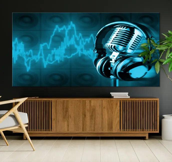 The "Music and Microphone Wall Art Canvas Print" is a triptych artwork on museum-quality canvas, showcasing a microphone and headphones amid blue sound waves. It features gallery wrapping along with a UV-protective coating to ensure lasting vibrancy.