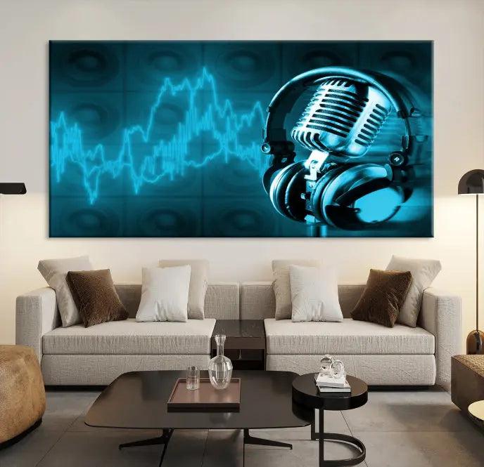 The "Music and Microphone Wall Art Canvas Print" is a triptych artwork on museum-quality canvas, showcasing a microphone and headphones amid blue sound waves. It features gallery wrapping along with a UV-protective coating to ensure lasting vibrancy.