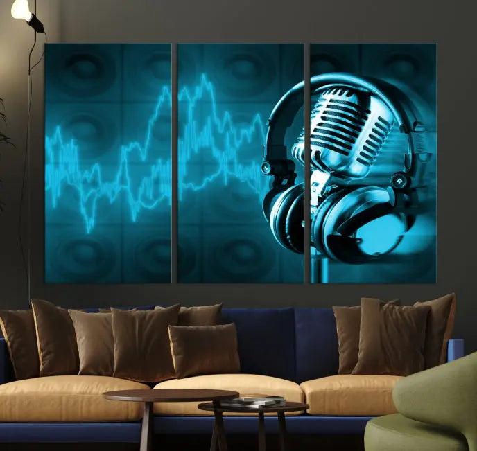 The "Music and Microphone Wall Art Canvas Print" is a triptych artwork on museum-quality canvas, showcasing a microphone and headphones amid blue sound waves. It features gallery wrapping along with a UV-protective coating to ensure lasting vibrancy.