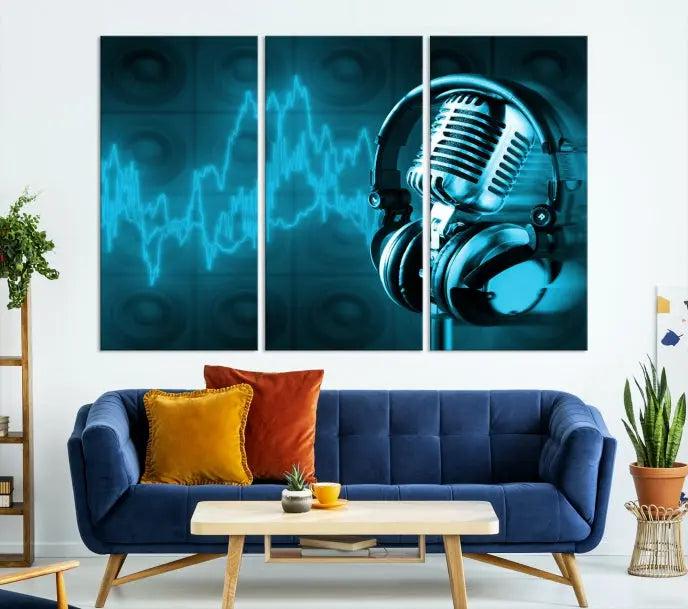 The "Music and Microphone Wall Art Canvas Print" is a triptych artwork on museum-quality canvas, showcasing a microphone and headphones amid blue sound waves. It features gallery wrapping along with a UV-protective coating to ensure lasting vibrancy.