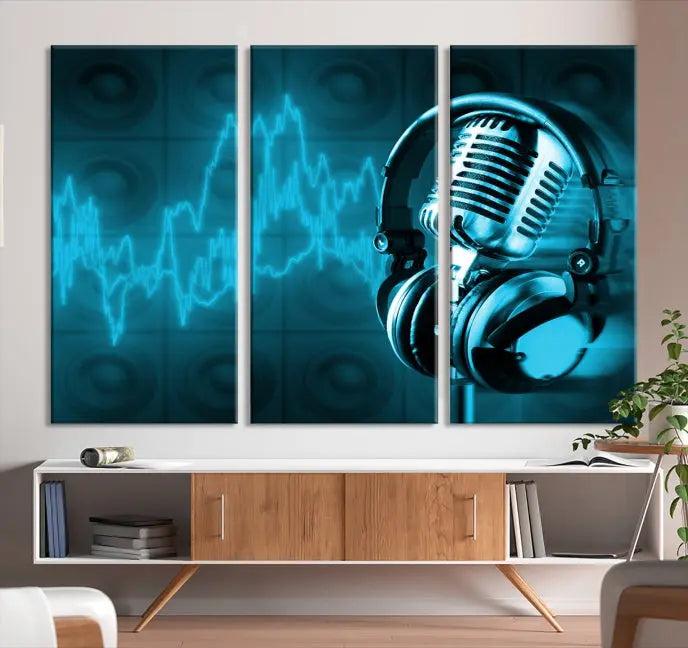 The "Music and Microphone Wall Art Canvas Print" is a triptych artwork on museum-quality canvas, showcasing a microphone and headphones amid blue sound waves. It features gallery wrapping along with a UV-protective coating to ensure lasting vibrancy.