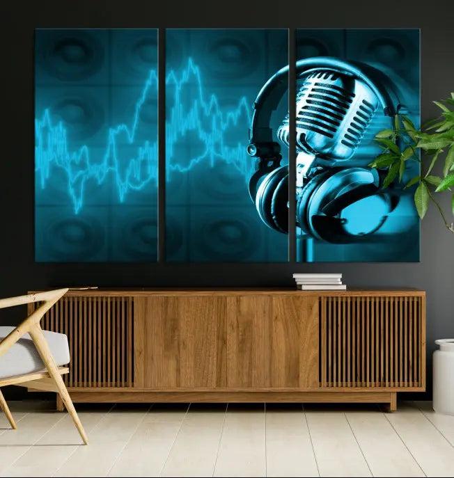 The "Music and Microphone Wall Art Canvas Print" is a triptych artwork on museum-quality canvas, showcasing a microphone and headphones amid blue sound waves. It features gallery wrapping along with a UV-protective coating to ensure lasting vibrancy.