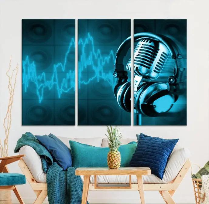 The "Music and Microphone Wall Art Canvas Print" is a triptych artwork on museum-quality canvas, showcasing a microphone and headphones amid blue sound waves. It features gallery wrapping along with a UV-protective coating to ensure lasting vibrancy.