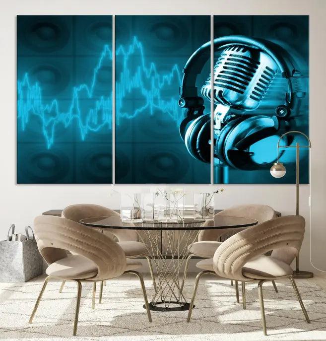 The "Music and Microphone Wall Art Canvas Print" is a triptych artwork on museum-quality canvas, showcasing a microphone and headphones amid blue sound waves. It features gallery wrapping along with a UV-protective coating to ensure lasting vibrancy.