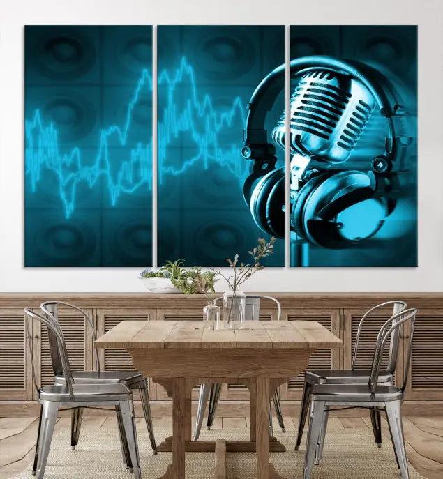 The "Music and Microphone Wall Art Canvas Print" is a triptych artwork on museum-quality canvas, showcasing a microphone and headphones amid blue sound waves. It features gallery wrapping along with a UV-protective coating to ensure lasting vibrancy.