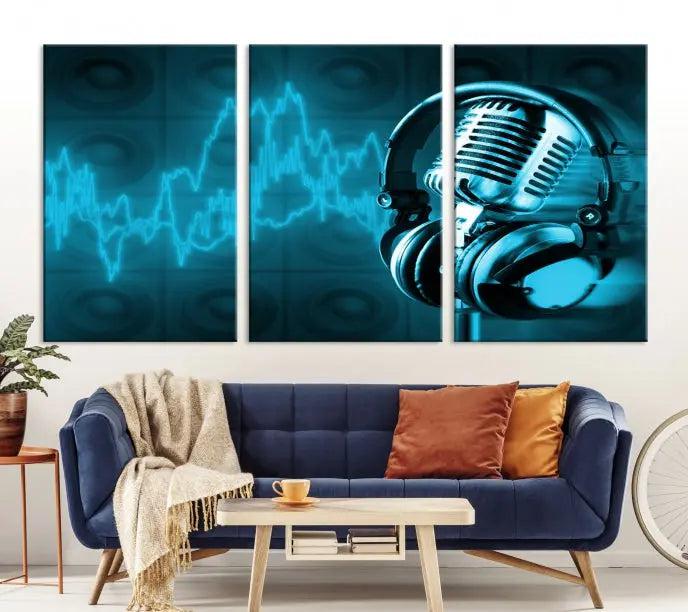 The "Music and Microphone Wall Art Canvas Print" is a triptych artwork on museum-quality canvas, showcasing a microphone and headphones amid blue sound waves. It features gallery wrapping along with a UV-protective coating to ensure lasting vibrancy.