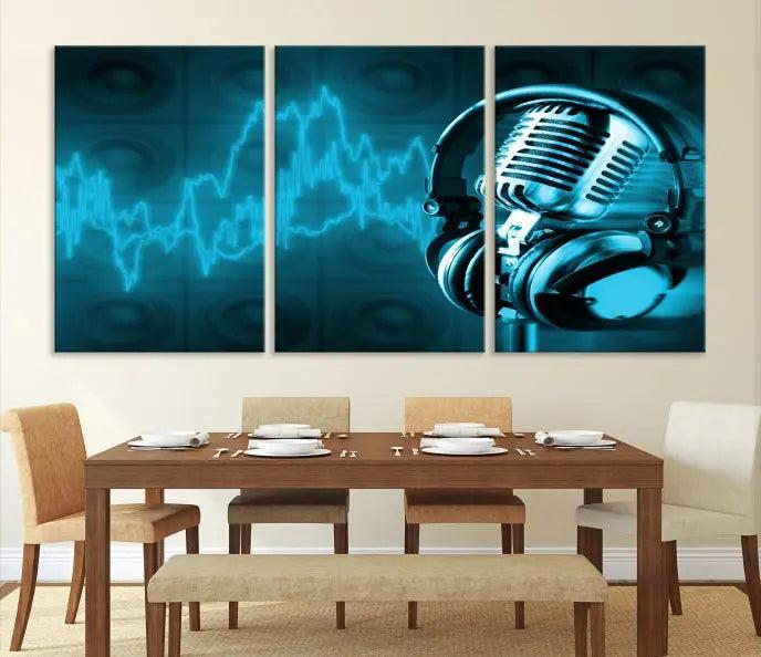 The "Music and Microphone Wall Art Canvas Print" is a triptych artwork on museum-quality canvas, showcasing a microphone and headphones amid blue sound waves. It features gallery wrapping along with a UV-protective coating to ensure lasting vibrancy.