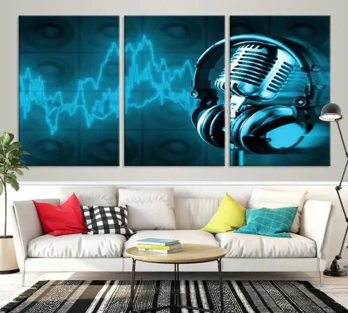 The "Music and Microphone Wall Art Canvas Print" is a triptych artwork on museum-quality canvas, showcasing a microphone and headphones amid blue sound waves. It features gallery wrapping along with a UV-protective coating to ensure lasting vibrancy.