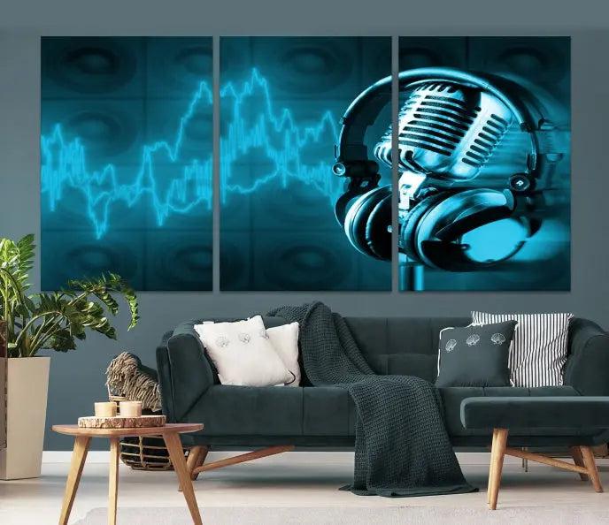 The "Music and Microphone Wall Art Canvas Print" is a triptych artwork on museum-quality canvas, showcasing a microphone and headphones amid blue sound waves. It features gallery wrapping along with a UV-protective coating to ensure lasting vibrancy.