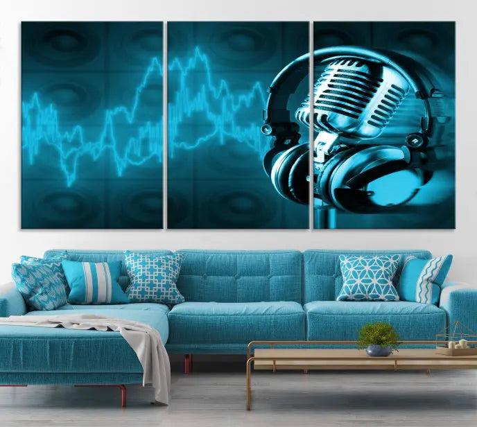 The "Music and Microphone Wall Art Canvas Print" is a triptych artwork on museum-quality canvas, showcasing a microphone and headphones amid blue sound waves. It features gallery wrapping along with a UV-protective coating to ensure lasting vibrancy.