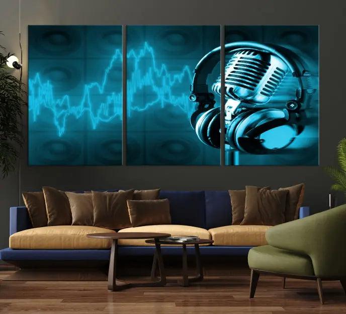 The "Music and Microphone Wall Art Canvas Print" is a triptych artwork on museum-quality canvas, showcasing a microphone and headphones amid blue sound waves. It features gallery wrapping along with a UV-protective coating to ensure lasting vibrancy.