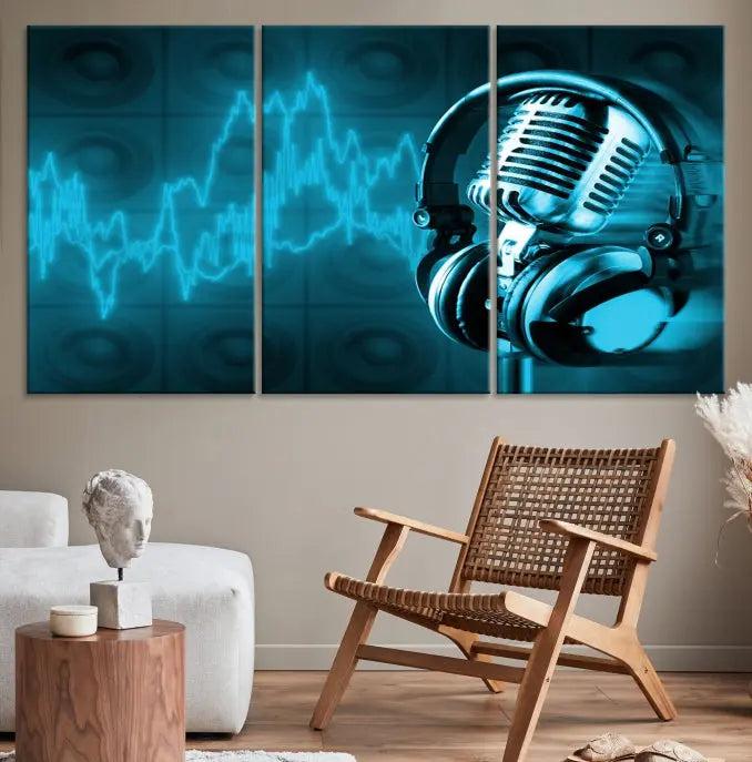 The "Music and Microphone Wall Art Canvas Print" is a triptych artwork on museum-quality canvas, showcasing a microphone and headphones amid blue sound waves. It features gallery wrapping along with a UV-protective coating to ensure lasting vibrancy.