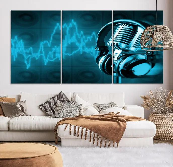 The "Music and Microphone Wall Art Canvas Print" is a triptych artwork on museum-quality canvas, showcasing a microphone and headphones amid blue sound waves. It features gallery wrapping along with a UV-protective coating to ensure lasting vibrancy.