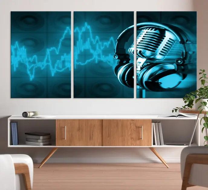 The "Music and Microphone Wall Art Canvas Print" is a triptych artwork on museum-quality canvas, showcasing a microphone and headphones amid blue sound waves. It features gallery wrapping along with a UV-protective coating to ensure lasting vibrancy.