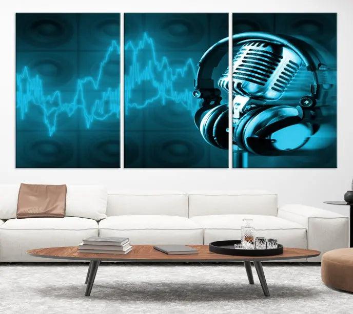 The "Music and Microphone Wall Art Canvas Print" is a triptych artwork on museum-quality canvas, showcasing a microphone and headphones amid blue sound waves. It features gallery wrapping along with a UV-protective coating to ensure lasting vibrancy.